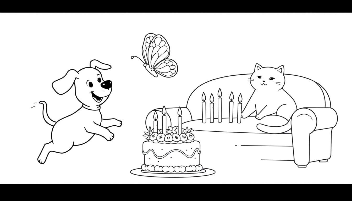 Página para colorear con un perro saltando, una mariposa volando, un pastel de cumpleaños y un gato en un sofá.