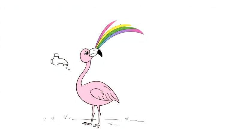 Página para colorear de un flamenco rosa de dibujos animados con un penacho de plumas de arcoíris, de pie junto a un grifo de agua goteando.