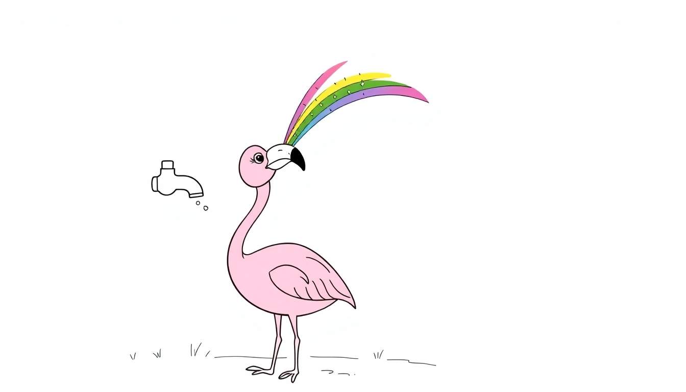 Página para colorear de un flamenco rosa de dibujos animados con un penacho de plumas de arcoíris, de pie junto a un grifo de agua goteando.