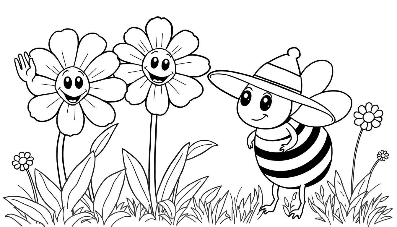 Ilustración de página para colorear con dos flores sonrientes, una saludando, y una abejita con sombrero de pie en un campo con hierba y flores pequeñas.