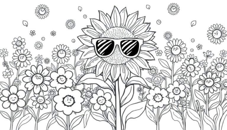 Página para colorear de un campo de girasoles y margaritas con caras sonrientes. Un girasol grande con gafas de sol está en el centro.