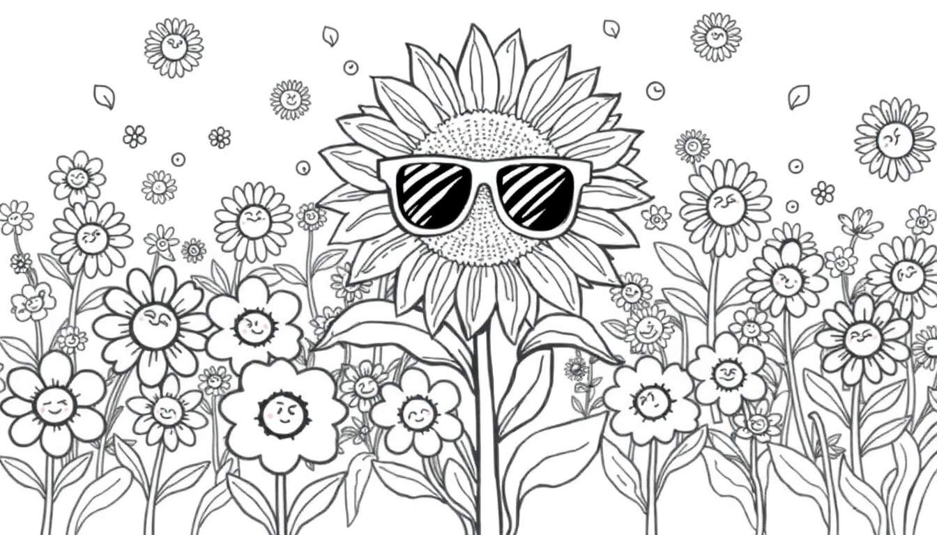 Página para colorear de un campo de girasoles y margaritas con caras sonrientes. Un girasol grande con gafas de sol está en el centro.
