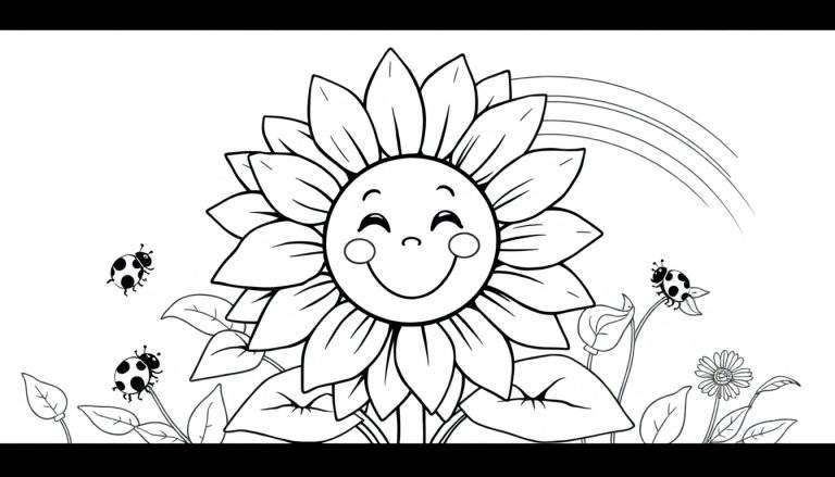 Dibujo lineal para colorear de un girasol sonriente con tres mariquitas, hojas, tallos y un arco de sol.