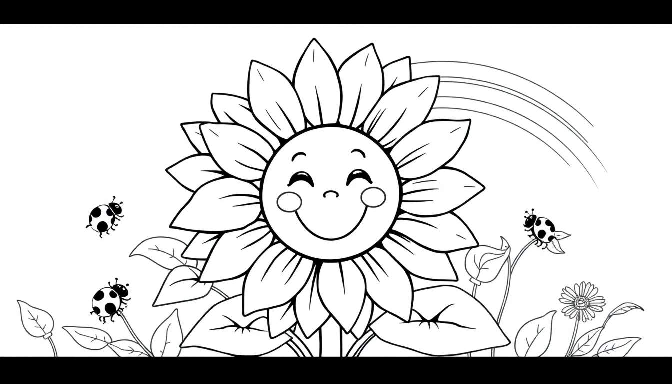 Dibujo lineal para colorear de un girasol sonriente con tres mariquitas, hojas, tallos y un arco de sol.