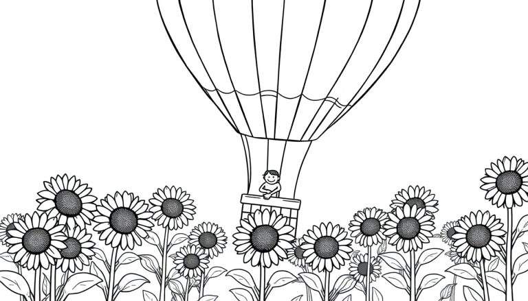 Dibujo a mano alzada en blanco y negro de un globo aerostático con persona sonriendo, flotando sobre un campo de girasoles floreciendo.