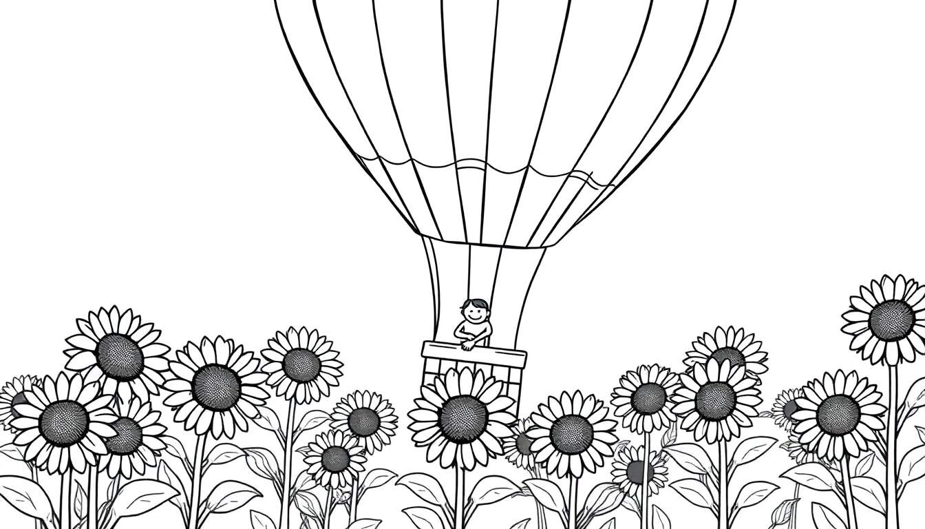 Dibujo a mano alzada en blanco y negro de un globo aerostático con persona sonriendo, flotando sobre un campo de girasoles floreciendo.