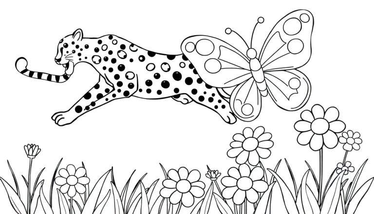 Dibujo lineal de un guepardo saltando en el aire con una mariposa en su espalda, rodeado de flores y hierba para colorear.
