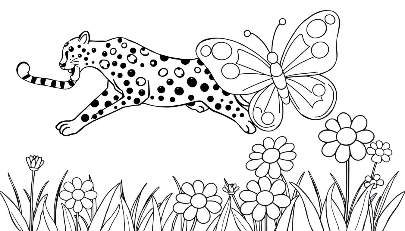 Dibujo lineal de un guepardo saltando en el aire con una mariposa en su espalda, rodeado de flores y hierba para colorear.