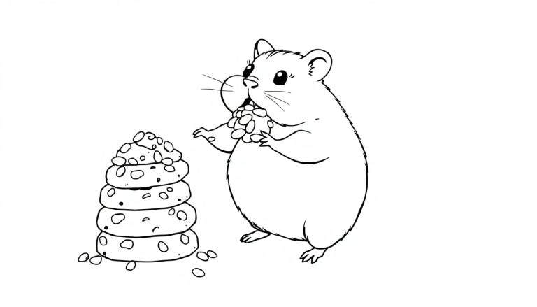 Dibujo a blanco y negro de un hámster comiendo galletas.
