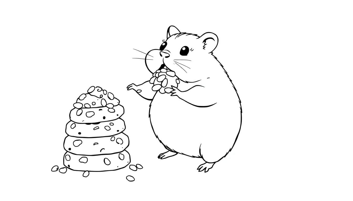 Dibujo a blanco y negro de un hámster comiendo galletas.