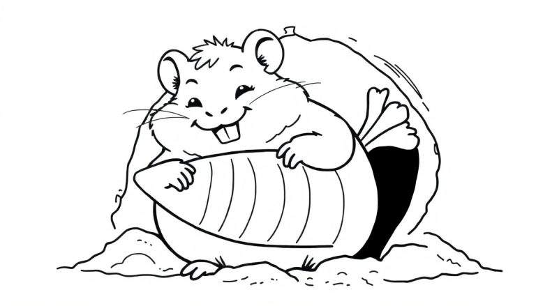 Dibujo lineal en blanco y negro de un hámster feliz con mejillas abultadas sosteniendo una mazorca de maíz, sentado sobre un montículo de tierra.