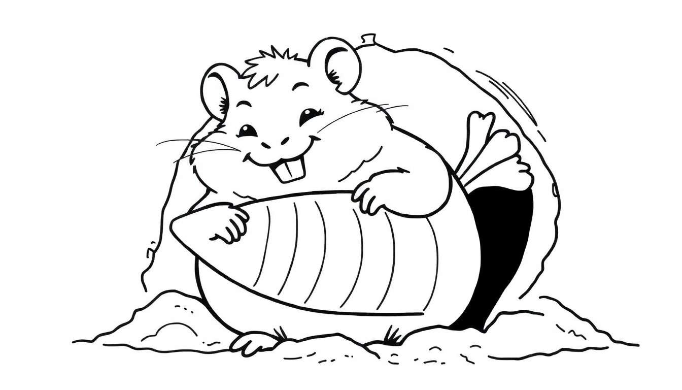 Dibujo lineal en blanco y negro de un hámster feliz con mejillas abultadas sosteniendo una mazorca de maíz, sentado sobre un montículo de tierra.