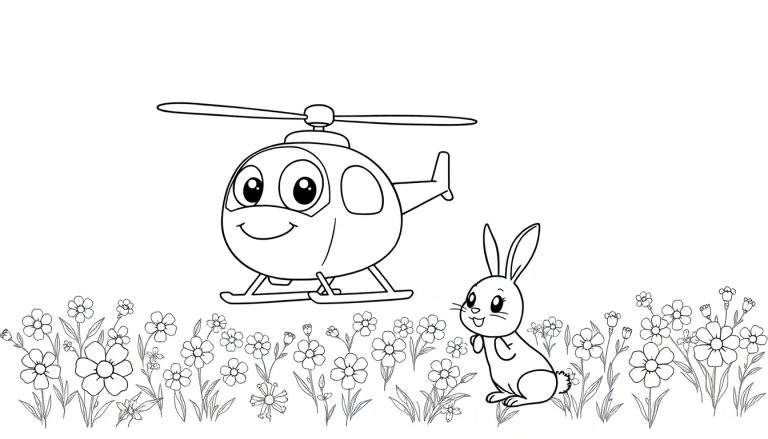Dibujo en blanco y negro de un helicóptero de juguete con cara sonriente y un conejo sentado en un campo de flores, listo para colorear.