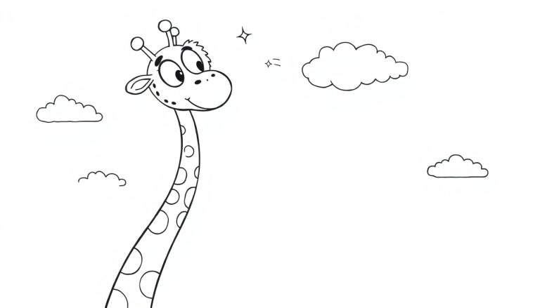 Dibujo para colorear de la cabeza y el cuello de una jirafa con expresión feliz, rodeada de nubes y dos estrellas brillantes en el cielo.