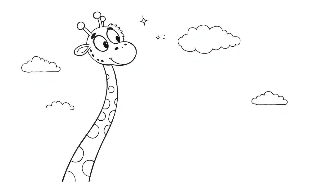 Dibujo para colorear de la cabeza y el cuello de una jirafa con expresión feliz, rodeada de nubes y dos estrellas brillantes en el cielo.