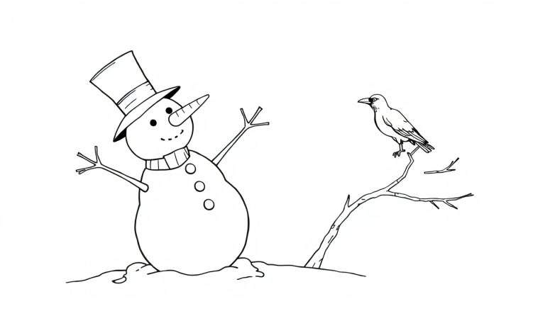 Página para colorear de un muñeco de nieve sonriente con sombrero de copa y un pájaro en una rama de árbol desnuda.