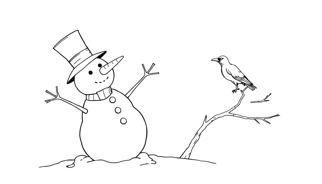 Página para colorear de un muñeco de nieve sonriente con sombrero de copa y un pájaro en una rama de árbol desnuda.