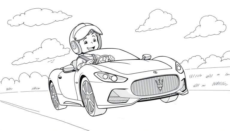 Dibujo para colorear de un niño con casco conduciendo un coche deportivo descapotable.