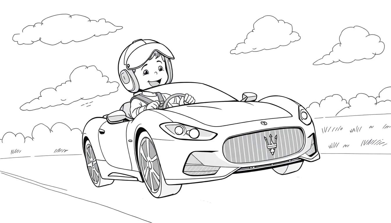 Dibujo para colorear de un niño con casco conduciendo un coche deportivo descapotable.