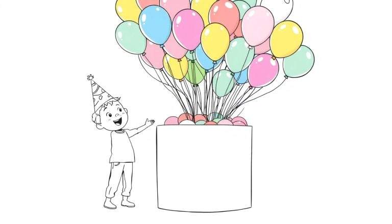 Ilustración para colorear de un niño con gorro de fiesta señalando un cubo lleno de globos de colores flotando.