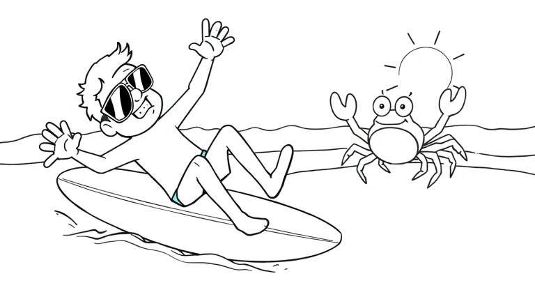 Niño surfeando con gafas de sol, acompañado de un cangrejo saludando, bajo un sol brillante, página para colorear.