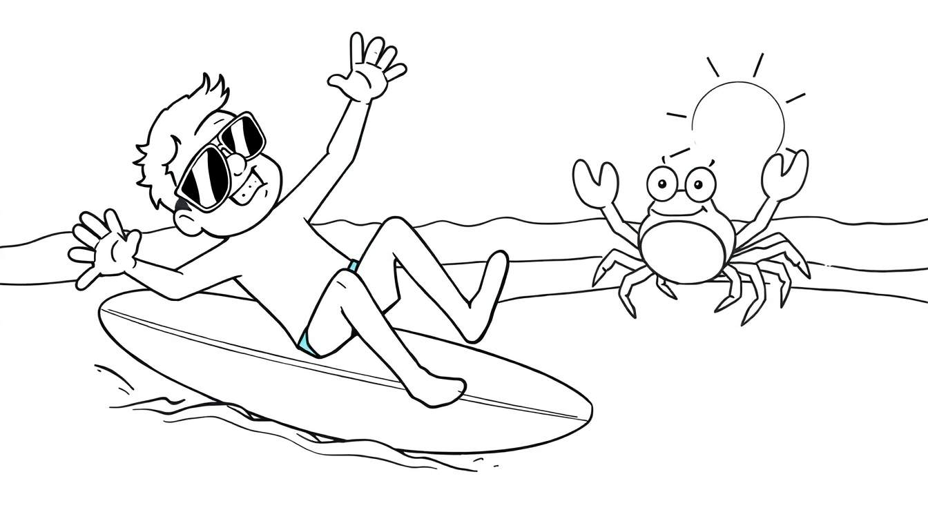 Niño surfeando con gafas de sol, acompañado de un cangrejo saludando, bajo un sol brillante, página para colorear.