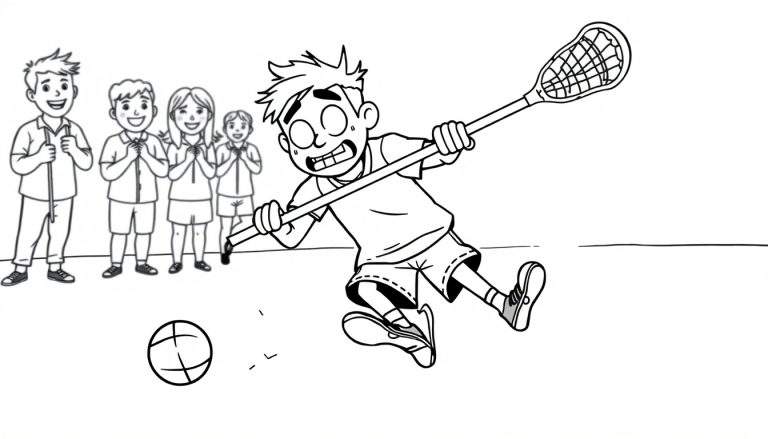 Página para colorear de niños jugando lacrosse, con un niño en el aire y otros cuatro observando.