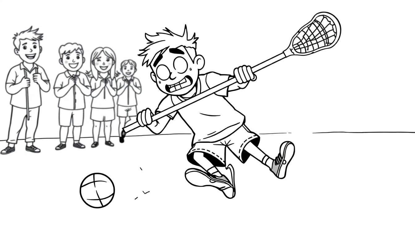 Página para colorear de niños jugando lacrosse, con un niño en el aire y otros cuatro observando.