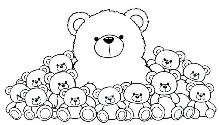 Página para colorear de un oso de peluche blanco grande rodeado de muchos osos de peluche pequeños apilados en grupos.