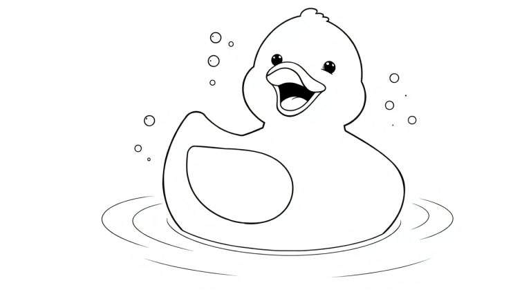 Ilustración para colorear de un patito de goma blanco sonriendo y flotando en agua con burbujas.