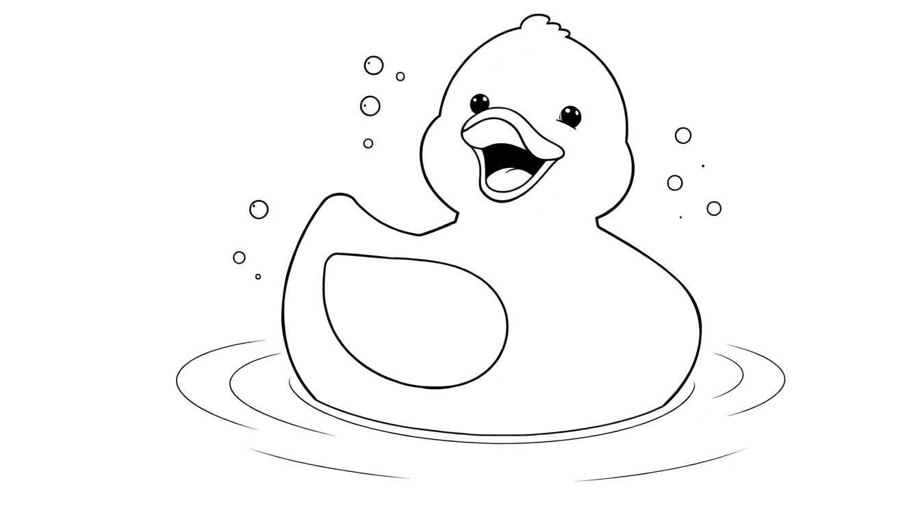 Ilustración para colorear de un patito de goma blanco sonriendo y flotando en agua con burbujas.