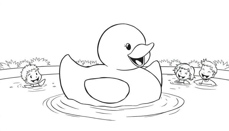 Ilustración para colorear de un gran pato de goma amarillo sonriente en el agua, con tres niños sonrientes nadando a su alrededor. Vegetación en el fondo.