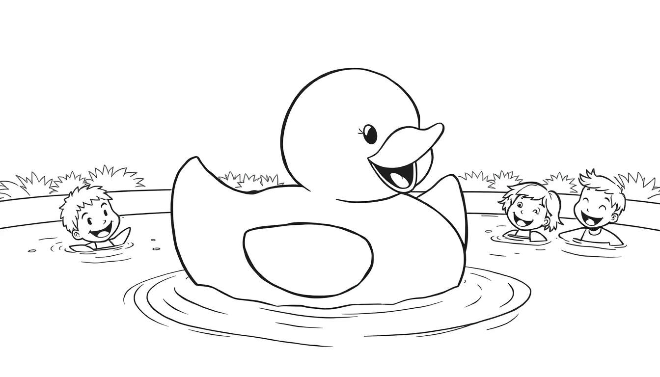 Ilustración para colorear de un gran pato de goma amarillo sonriente en el agua, con tres niños sonrientes nadando a su alrededor. Vegetación en el fondo.