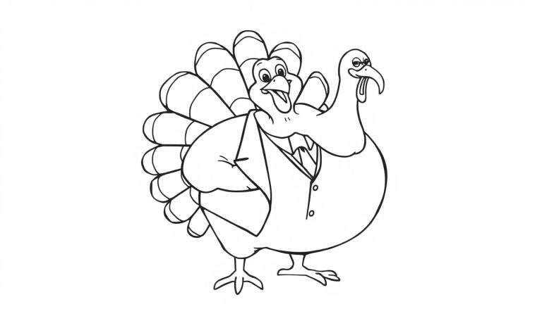 Página para colorear de un pavo alegre con traje y plumas desplegadas.