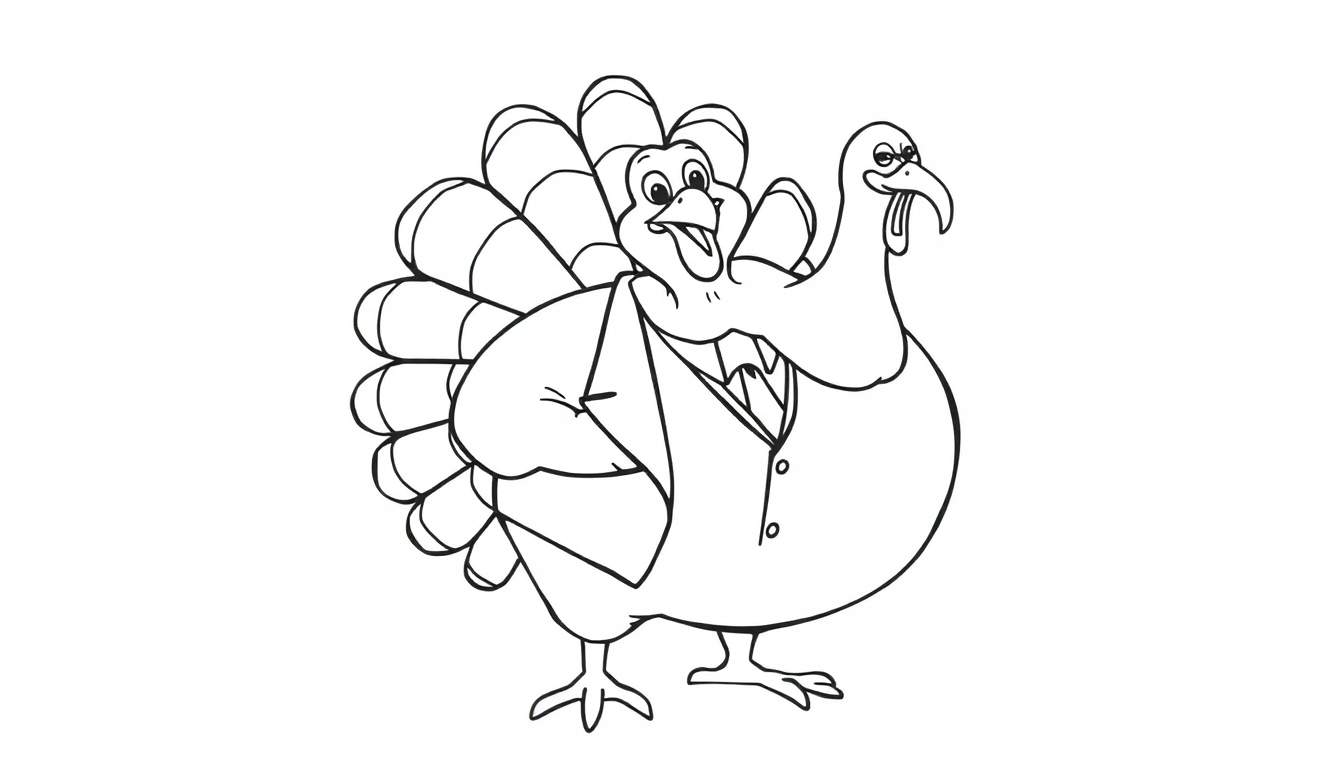 Página para colorear de un pavo alegre con traje y plumas desplegadas.