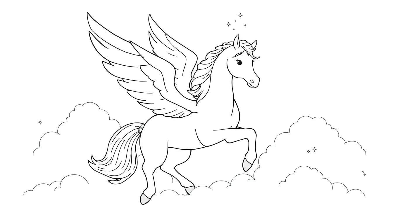 Ilustración de dibujo lineal de un Pegaso con alas grandes y emplumadas, melena y cola largas, volando entre nubes simples y redondeadas con estrellas y destellos alrededor. Página para colorear.