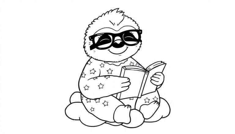 Perezoso de dibujos animados con gafas y pijama de estrellas leyendo un libro sentado sobre nubes, página para colorear.