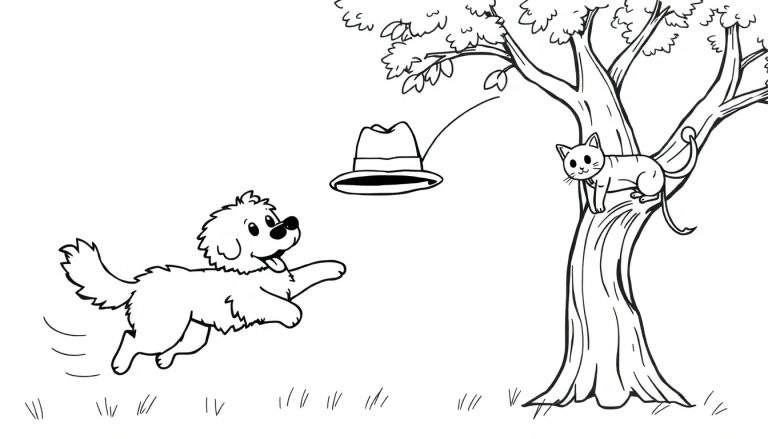 Ilustración para colorear de un perro corriendo en un campo verde, un gato en la rama de un árbol y una gorra cayendo.