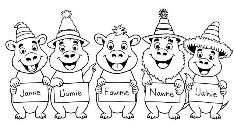 Página para colorear con cinco personajes de dibujos animados amigables sosteniendo carteles con los nombres Janne, Jamie, Fawime, Nawne y Jainie.