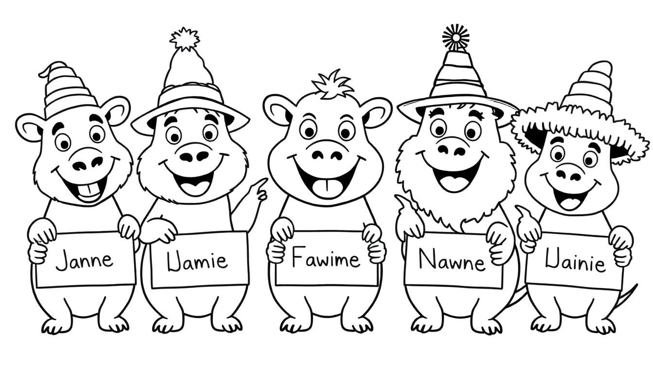 Página para colorear con cinco personajes de dibujos animados amigables sosteniendo carteles con los nombres Janne, Jamie, Fawime, Nawne y Jainie.