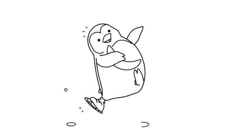 Dibujo a línea de un pingüino sorprendido patinando y saltando, con salpicaduras de hielo.