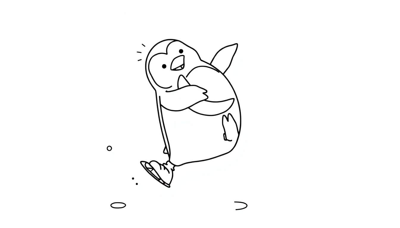 Dibujo a línea de un pingüino sorprendido patinando y saltando, con salpicaduras de hielo.