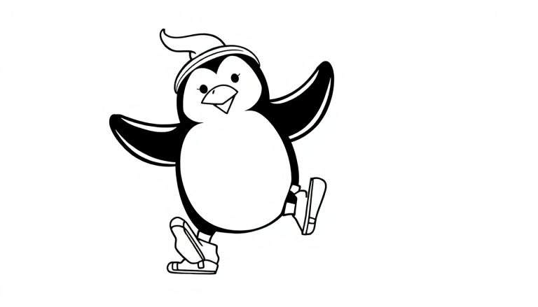 Dibujo en blanco y negro de un pingüino con gorro patinando, con un ala levantada.