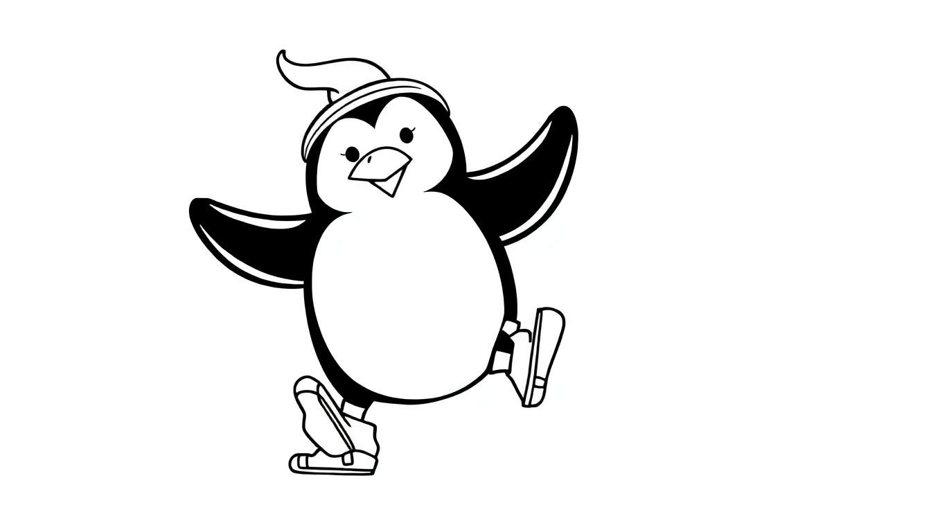 Dibujo en blanco y negro de un pingüino con gorro patinando, con un ala levantada.