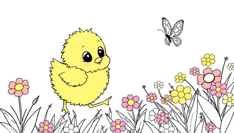 Página para colorear de un pollito amarillo corriendo en un campo con flores rosas, amarillas y blancas, y una mariposa negra y blanca.