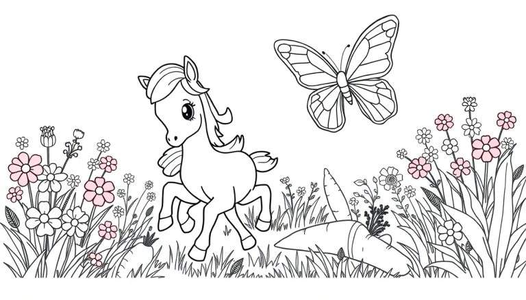 Ilustración lineal en blanco y negro de un pony con alas pequeñas corriendo, una mariposa volando, hierba, flores y zanahorias para colorear.