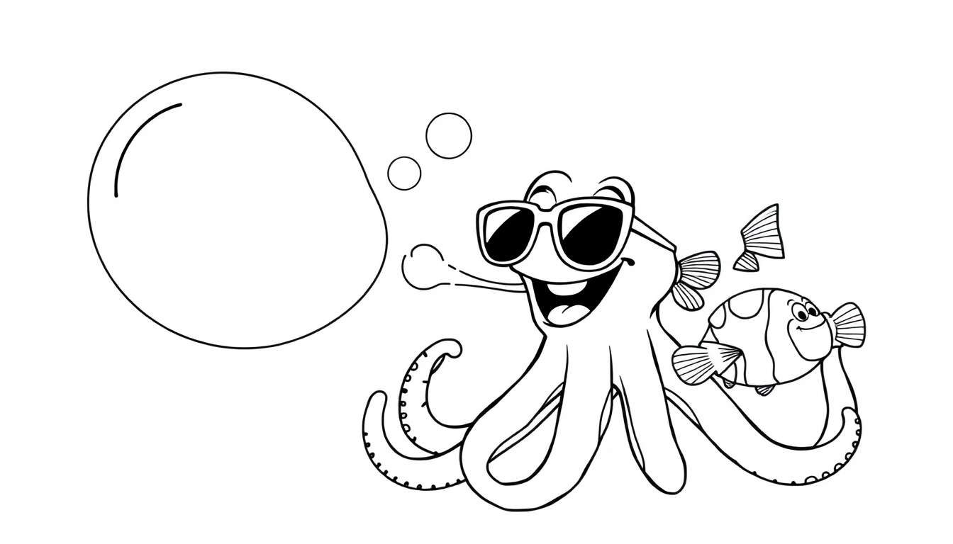 Dibujo para colorear de un pulpo con gafas de sol y un pez, ambos con expresiones felices, y burbujas de pensamiento.