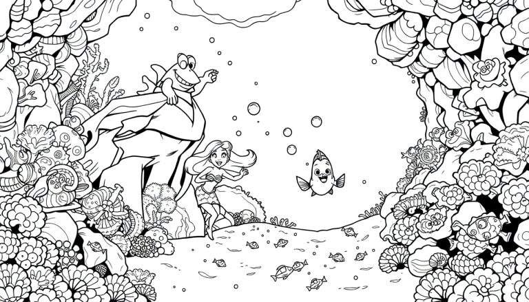 Ilustración de dibujo lineal en blanco y negro de una escena submarina con una sirena, un pez y una rana sobre coral y rocas.