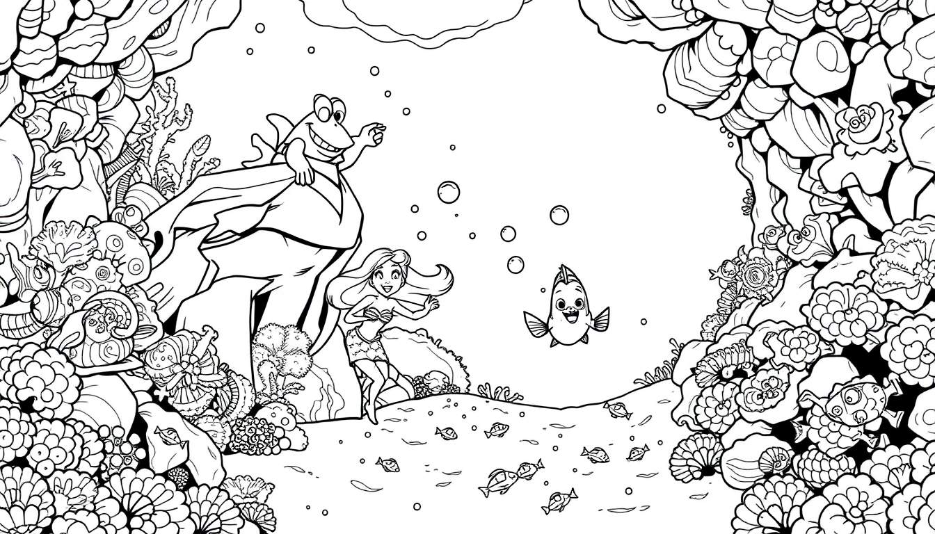 Ilustración de dibujo lineal en blanco y negro de una escena submarina con una sirena, un pez y una rana sobre coral y rocas.