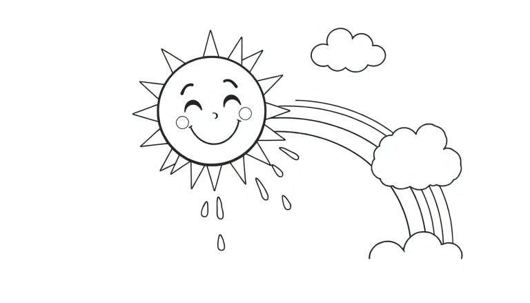 Página para colorear de un sol sonriente con gotas de lluvia, una nube y un arcoíris.